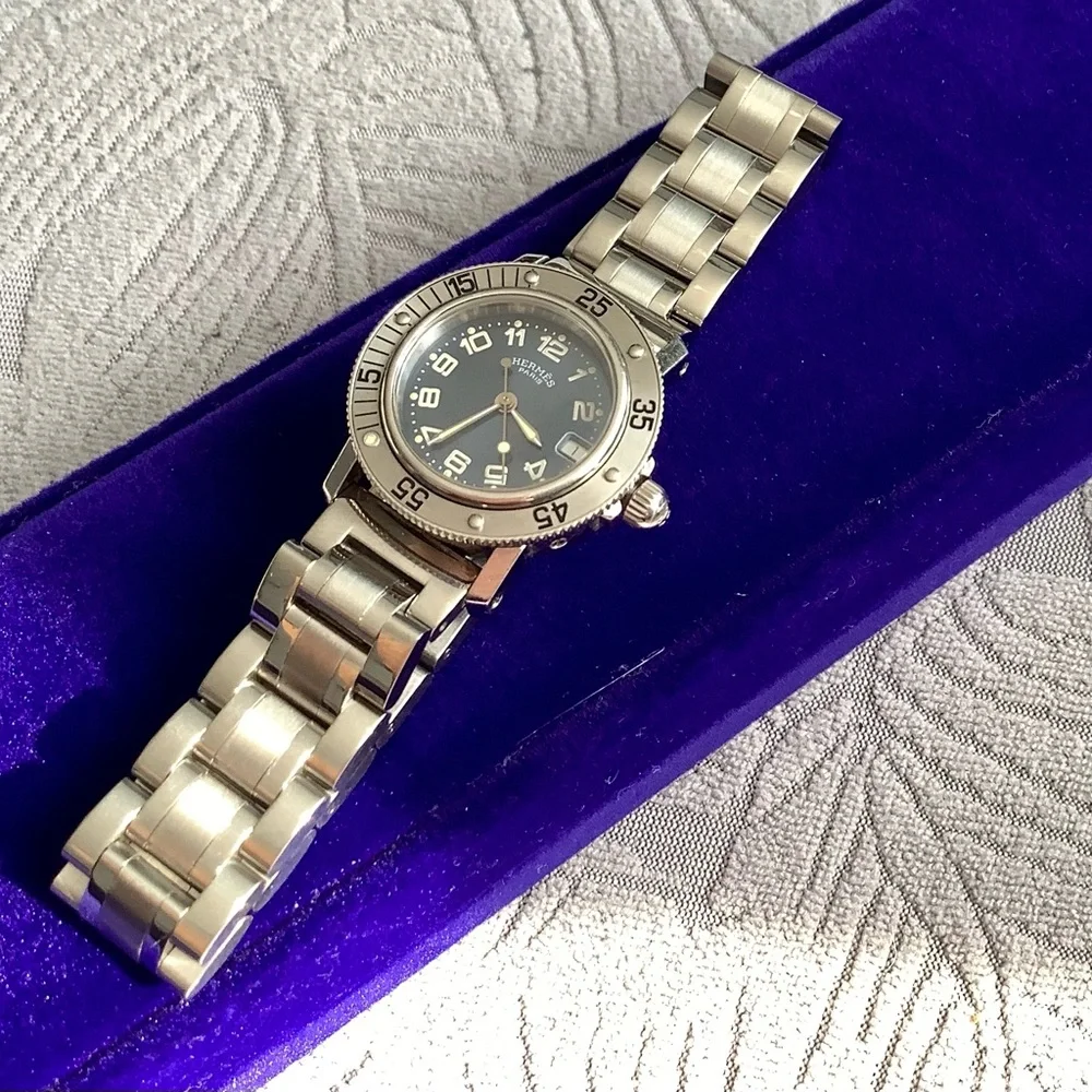Hermes Silver Steel Bracelet Watch with Blue Dial